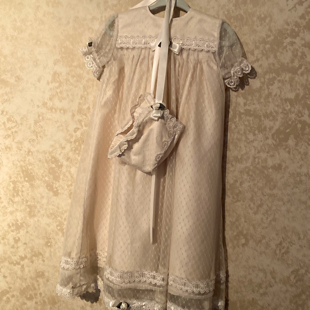 Hand Made silk satin and point d’sprit baby dress/ bonnet set/ christening gown
